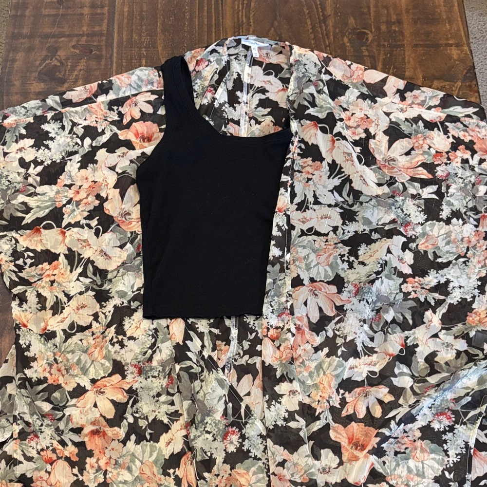 Floral Kimono with Black Tank Top